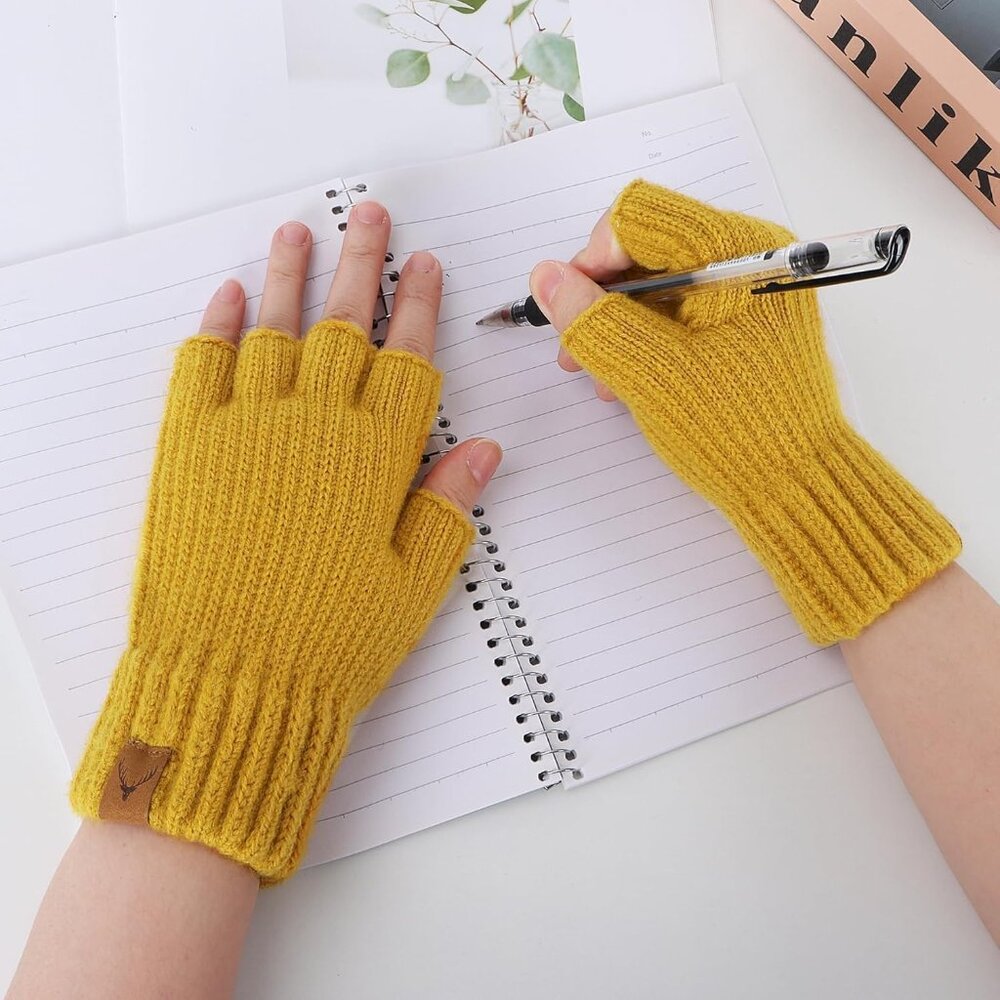 Women's Pure-Yellow Half Fingers Fingerless Cozy Lining Knitted Mittens Gloves - Picture 4 of 5